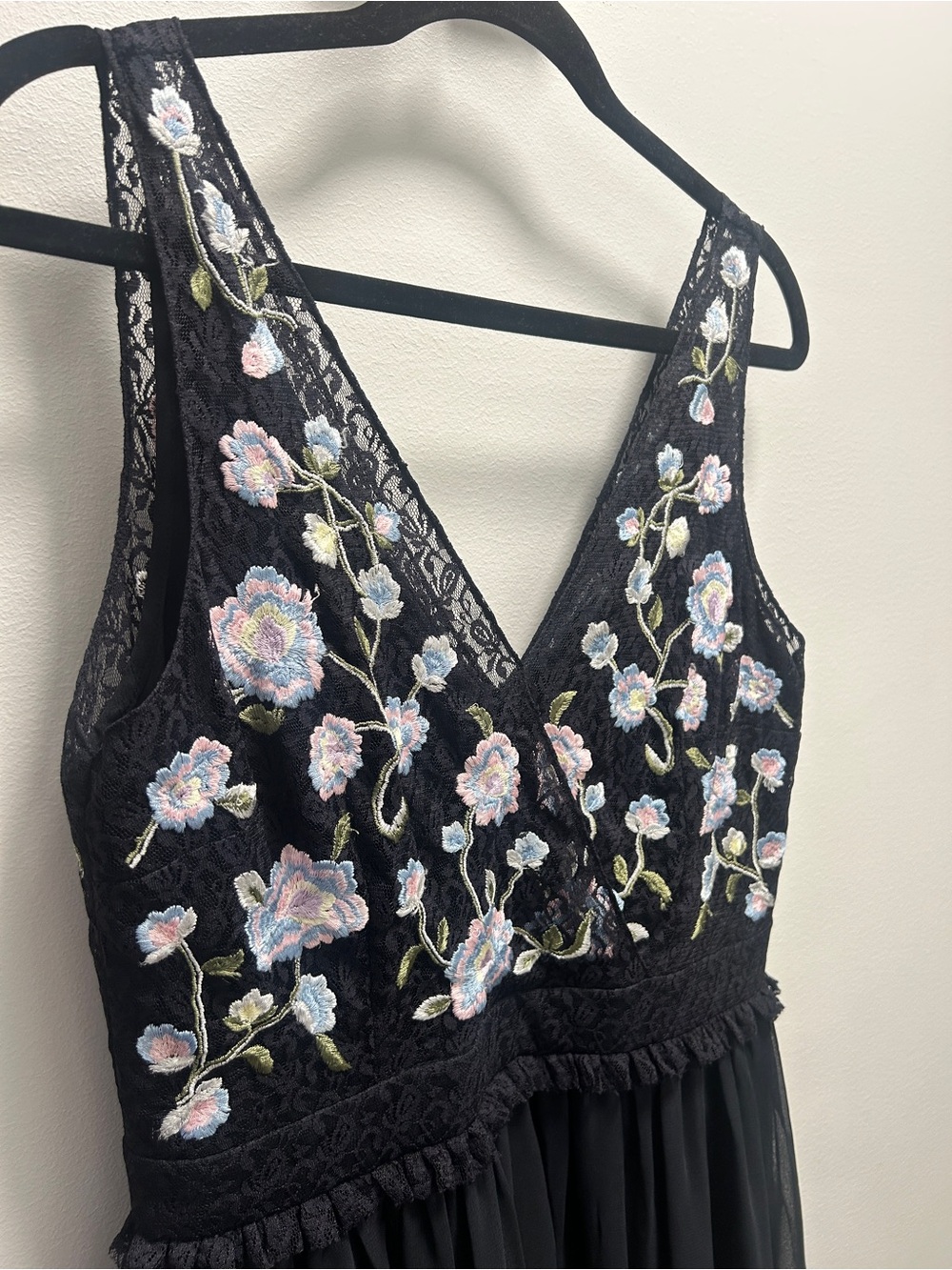 French Connection Navy Lace V-Neck Dress with Pastel Floral Embroidery